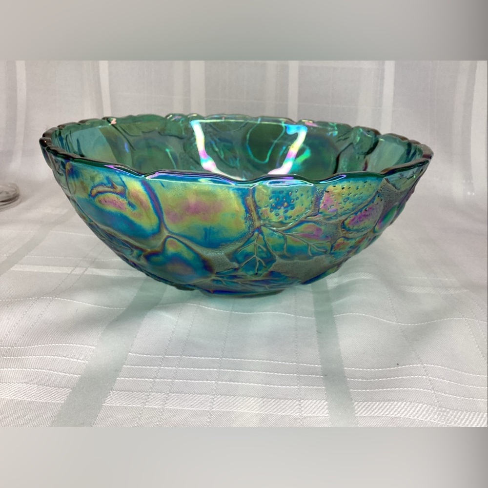 Indiana Glass Madeira Blue Green Iridescent Fruit Pattern 9 3/4” Scalloped Bowl